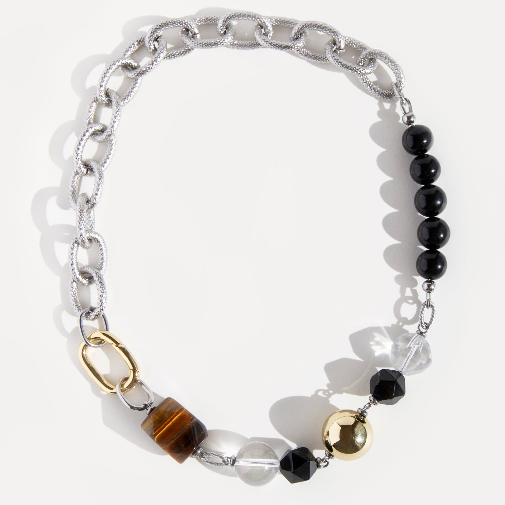 Tiger Eye Necklace with gemstone beads of agate, clear quartz, and stainless steel chain, accented with gold details for modern everyday style.