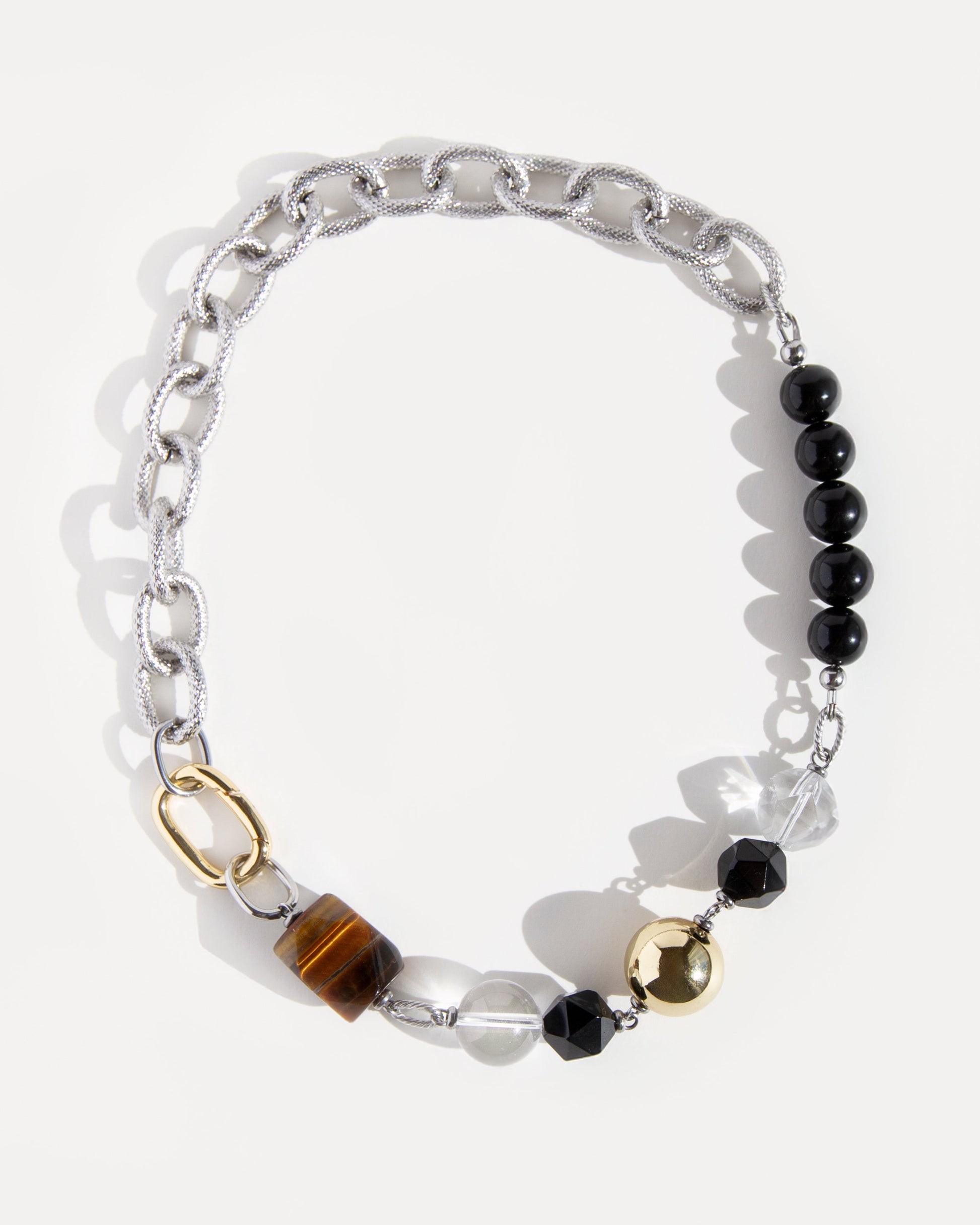 Tiger Eye Necklace with gemstone beads of agate, clear quartz, and stainless steel chain, accented with gold details for modern everyday style.