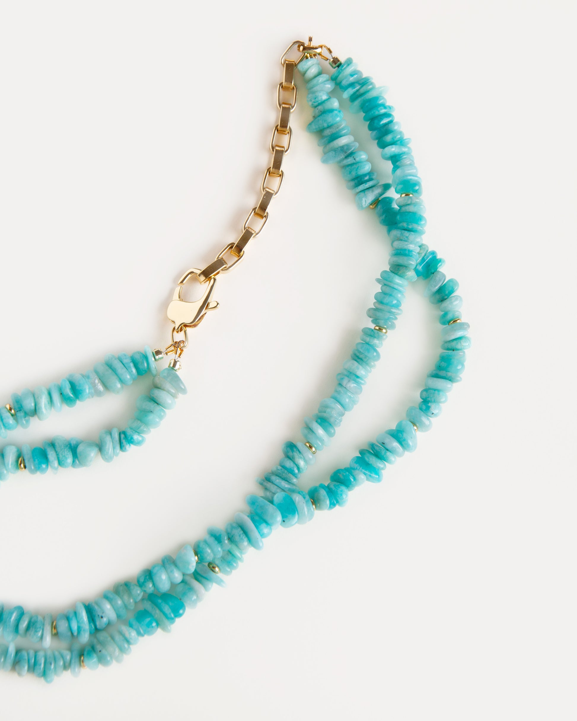 Close-up of double strand amazonite necklace showing turquoise gemstone beads and adjustable gold-plated brass clasp.