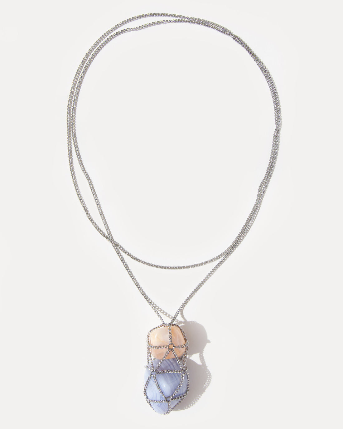 Angel Skin Necklace with sunstone and blue lace agate wrapped in a delicate stainless steel net