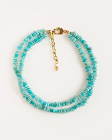 Double strand amazonite necklace with turquoise gemstone beads and gold-plated brass details on a clean white background.