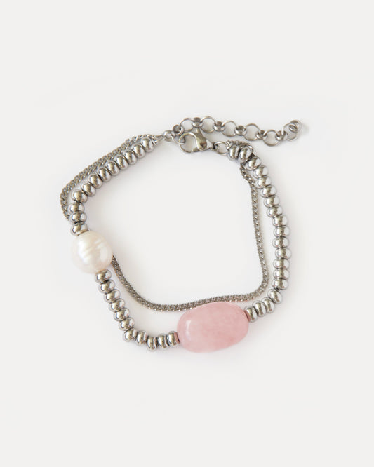 Candy Bracelet with rose quartz, freshwater pearl, and polished stainless steel beads — a minimalist silver-tone design with soft pink accents.