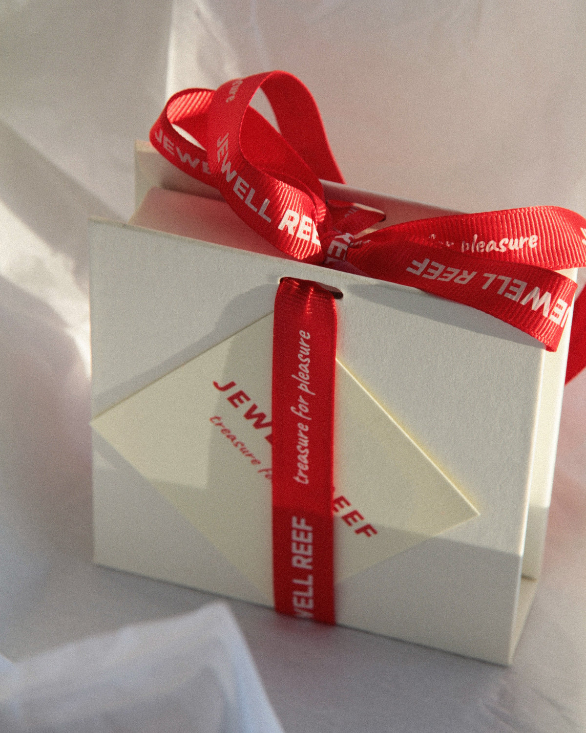 Jewell Reef signature gift box with red ribbon, shown as the packaging included with the necklace.
