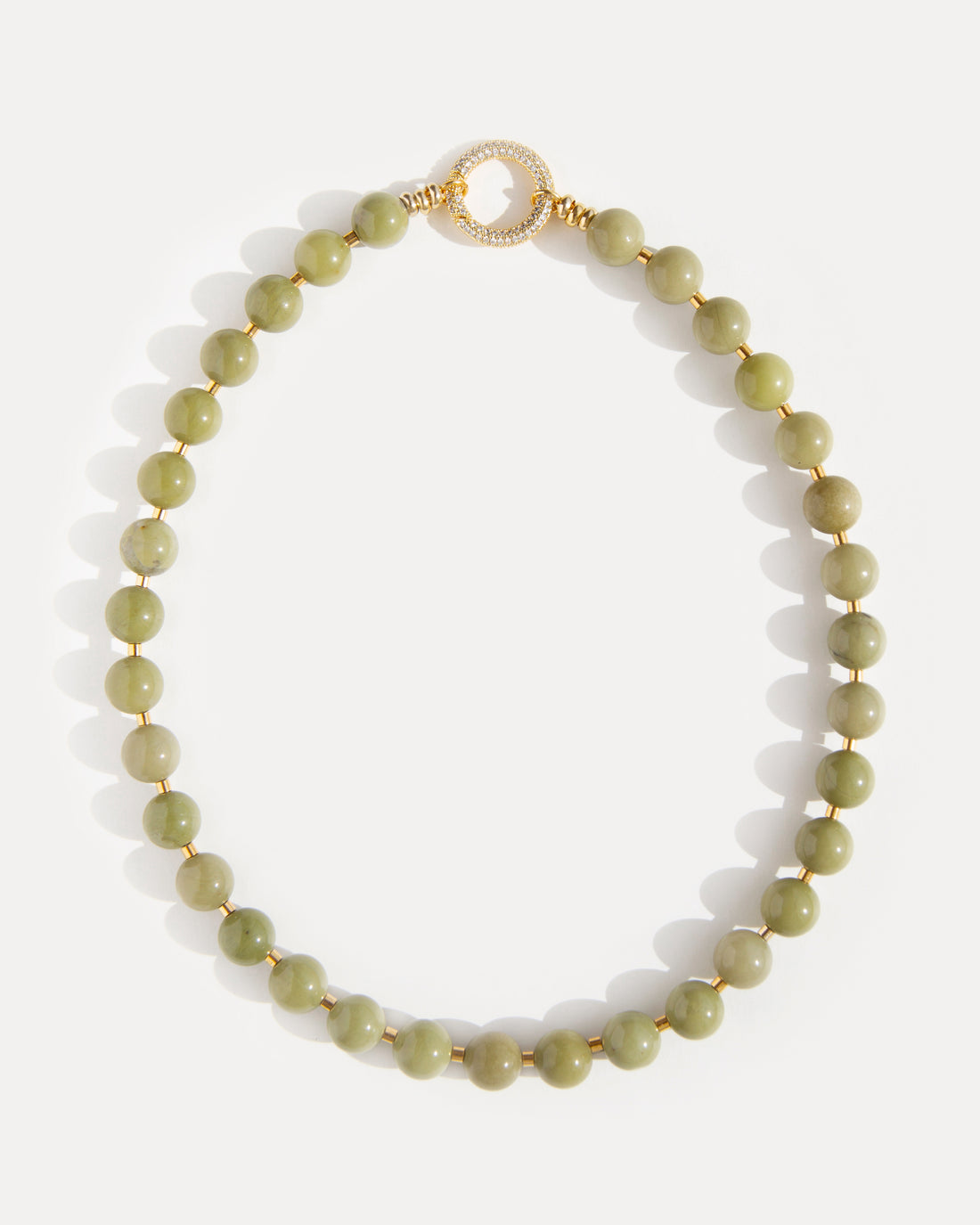 Olivia Necklace with polished olive-green agate beads, 18k gold-plated brass accents, and cubic zirconia clasp. Elegant natural stone statement jewelry.