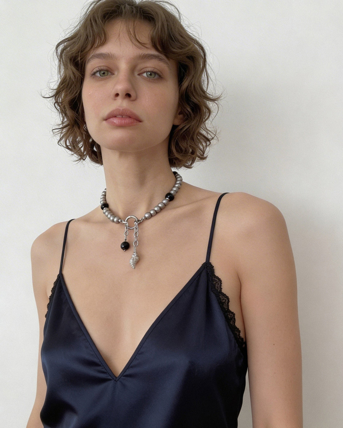 Black agate and stainless steel beaded choker necklace with front ring clasp and drop charm, modern minimalist natural stone jewelry