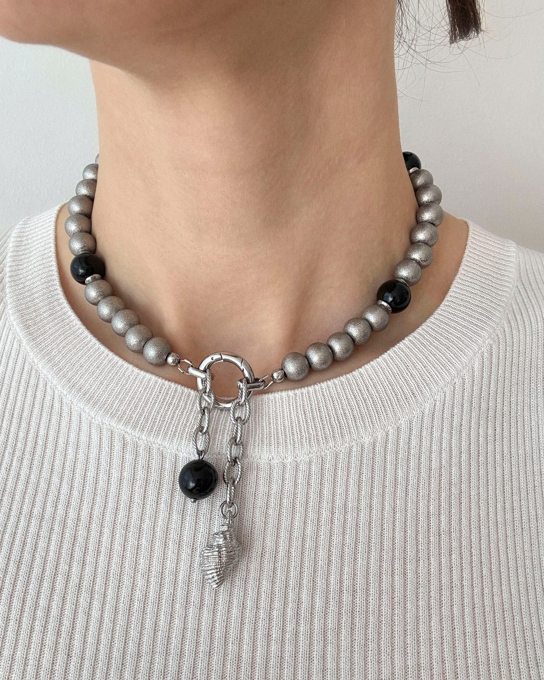 Black agate and stainless steel beaded choker necklace with front ring clasp and drop charm, modern minimalist natural stone jewelry