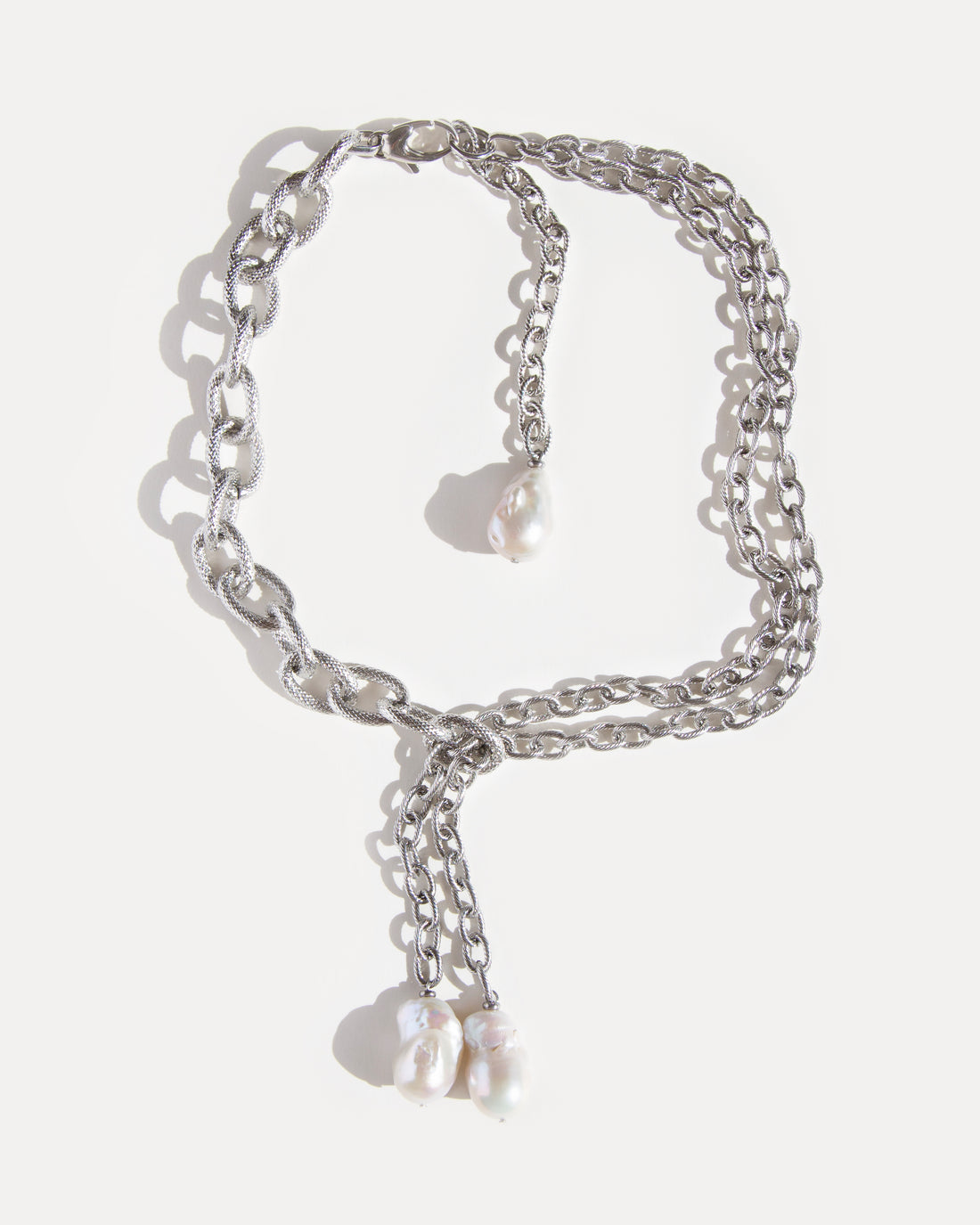 Silver Rain Necklace with chunky stainless steel chain and baroque pearls, modern jewelry with a bold twist