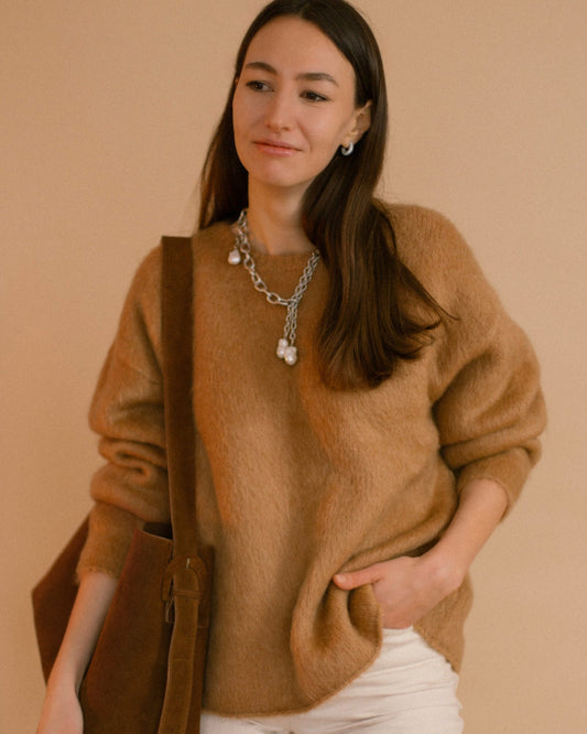 Silver Rain Necklace styled with warm beige knit, baroque pearls and steel chain bringing effortless elegance to everyday looks.