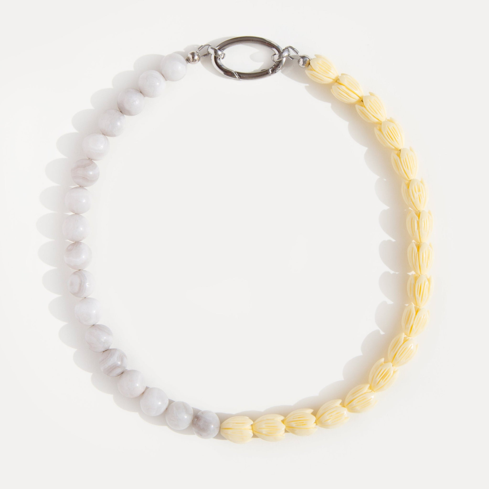 Soft Bloom Necklace in lace white agate and yellow acrylic beads with stainless steel clasp, minimalist beaded choker for everyday style.