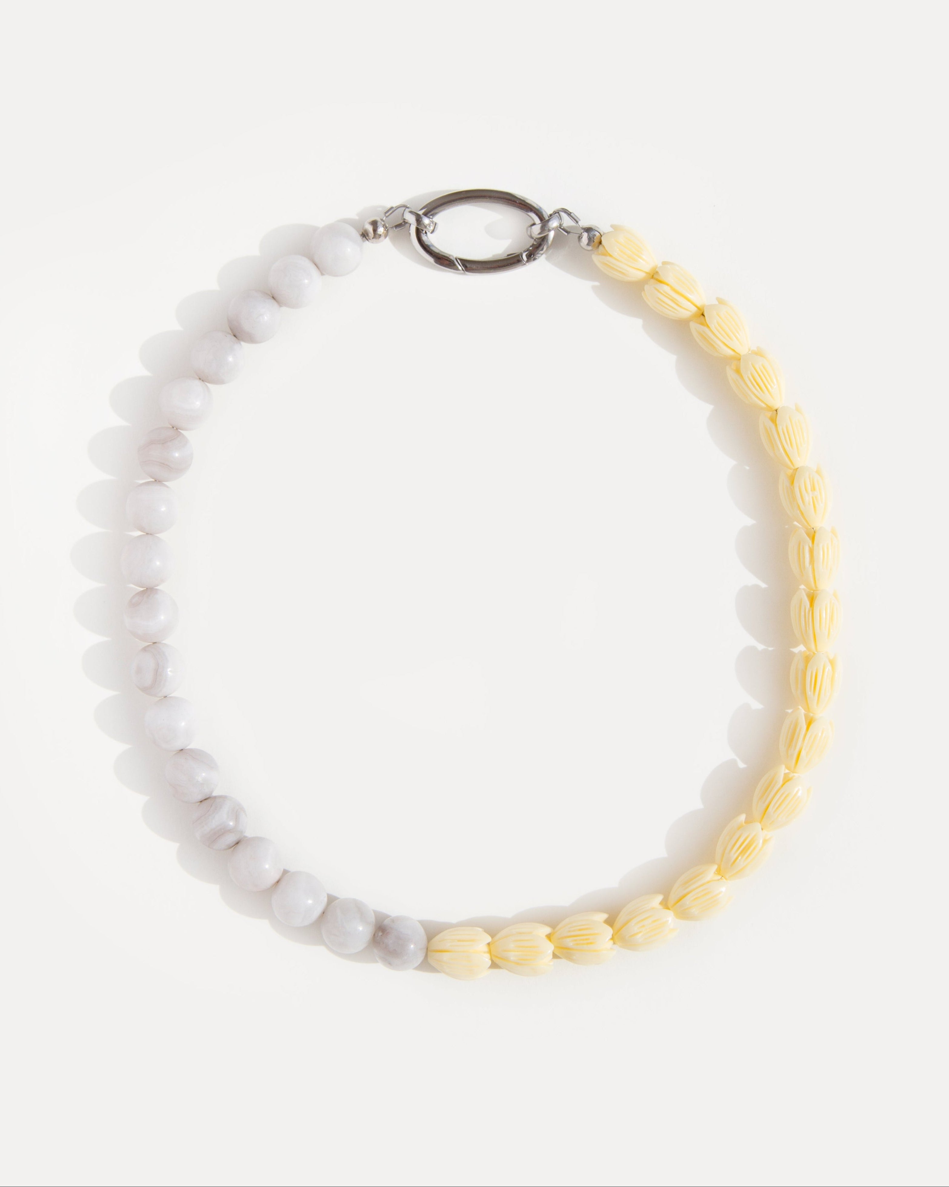 Soft Bloom Necklace in lace white agate and yellow acrylic beads with stainless steel clasp, minimalist beaded choker for everyday style.