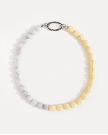 Soft Bloom Necklace in lace white agate and yellow acrylic beads with stainless steel clasp, minimalist beaded choker for everyday style.