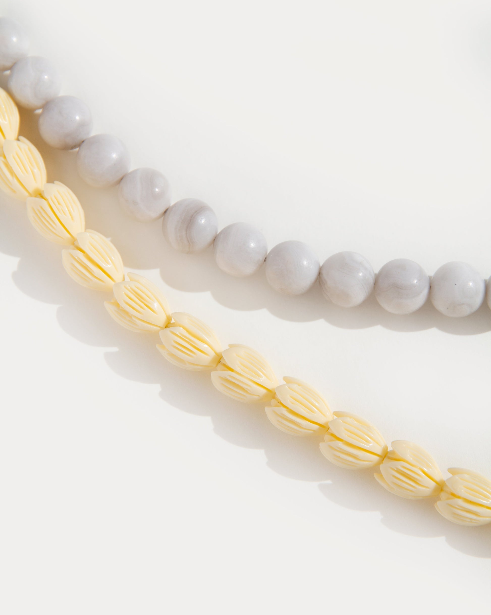 Close-up of Soft Bloom Necklace with lace white agate and yellow acrylic beads, delicate beaded choker in fresh minimalist design for everyday wear.
