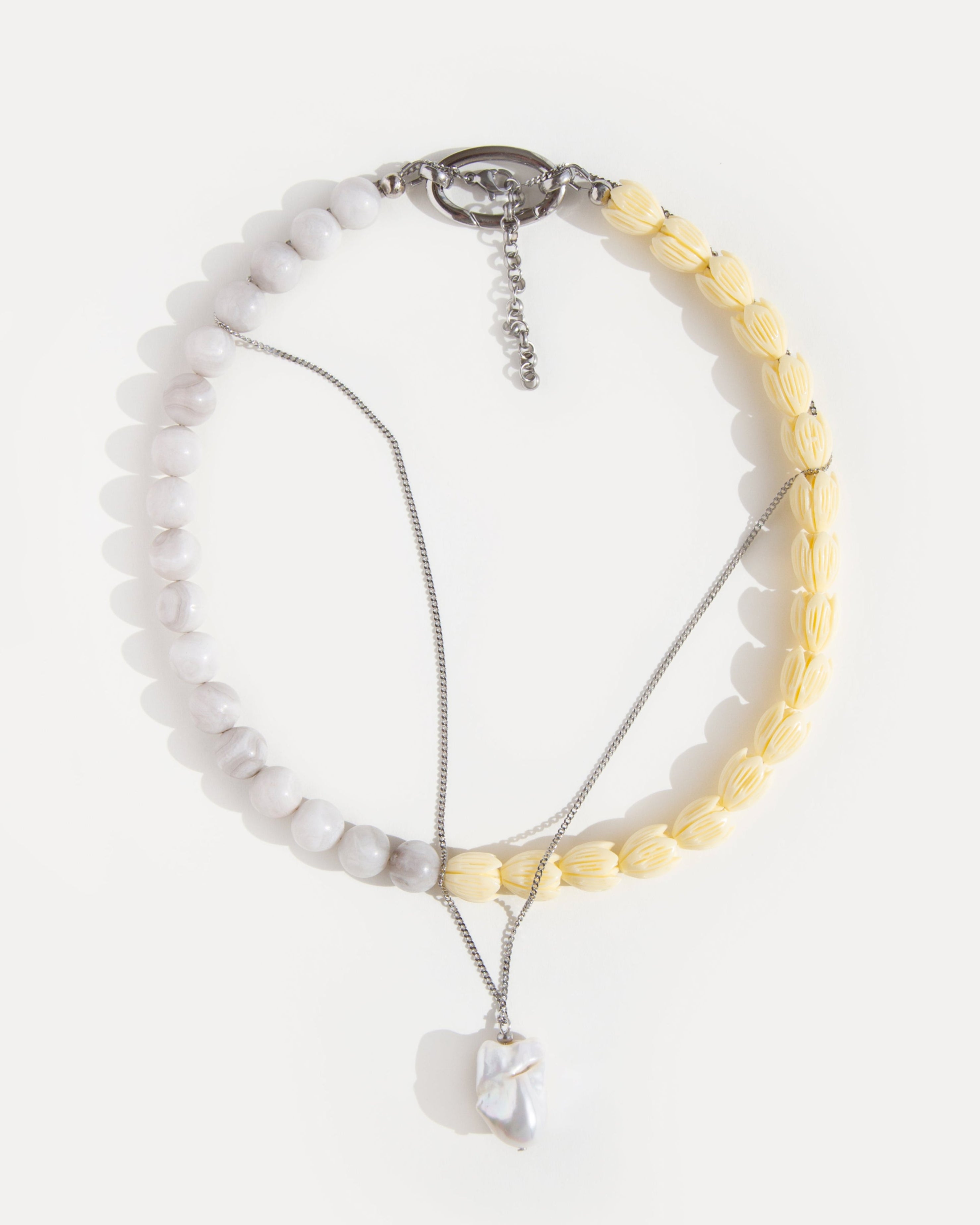Soft Bloom Necklace of lace agate and yellow acrylic beads shown with baroque pearl pendant, versatile minimalist necklace for layering.